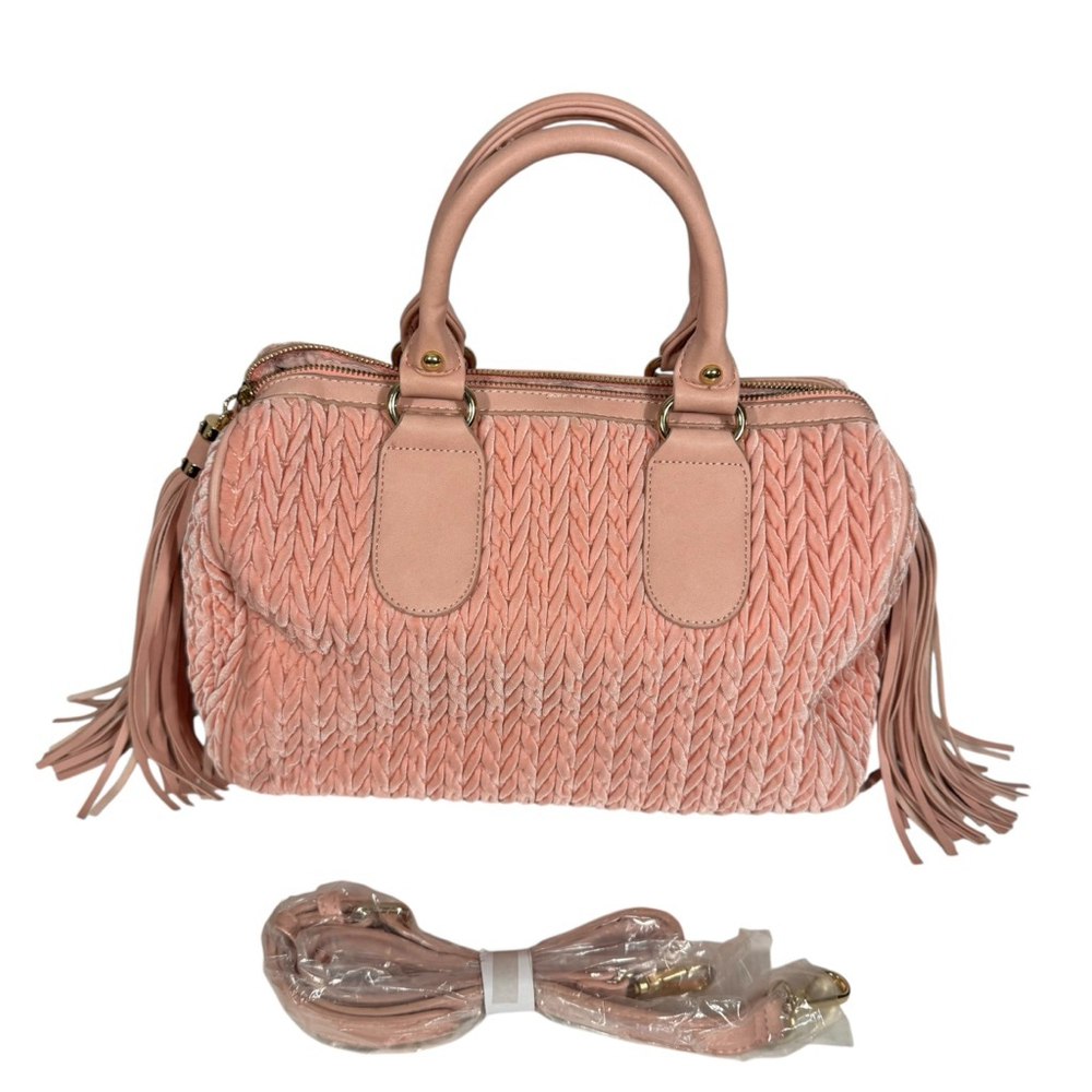 Pink Quilted Velvet Chevron Boston Satchel Handbag Crossbody Strap